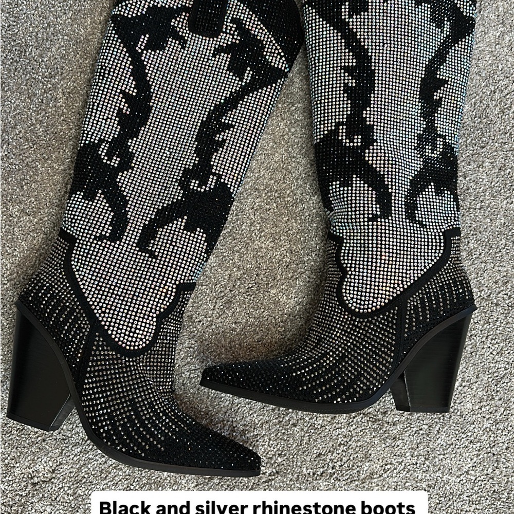 Black and Silver Rhinestone Heeled Boots